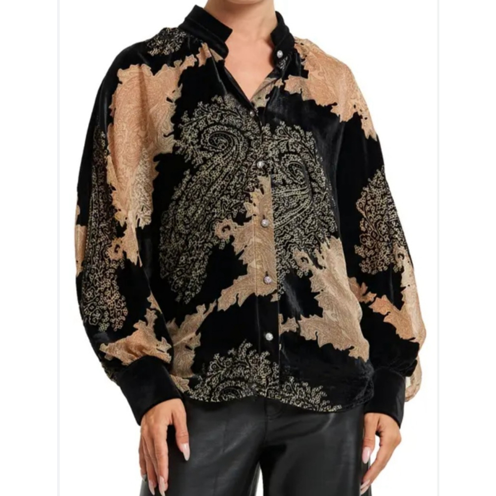 Ciebon Blouse Small Black Tan Burnout Velvet Sheer Lexi Rhineston Button